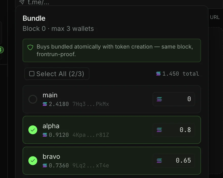 Bundle popover: block 0, max 3 wallets, two wallets selected with 0.8 and 0.65 SOL