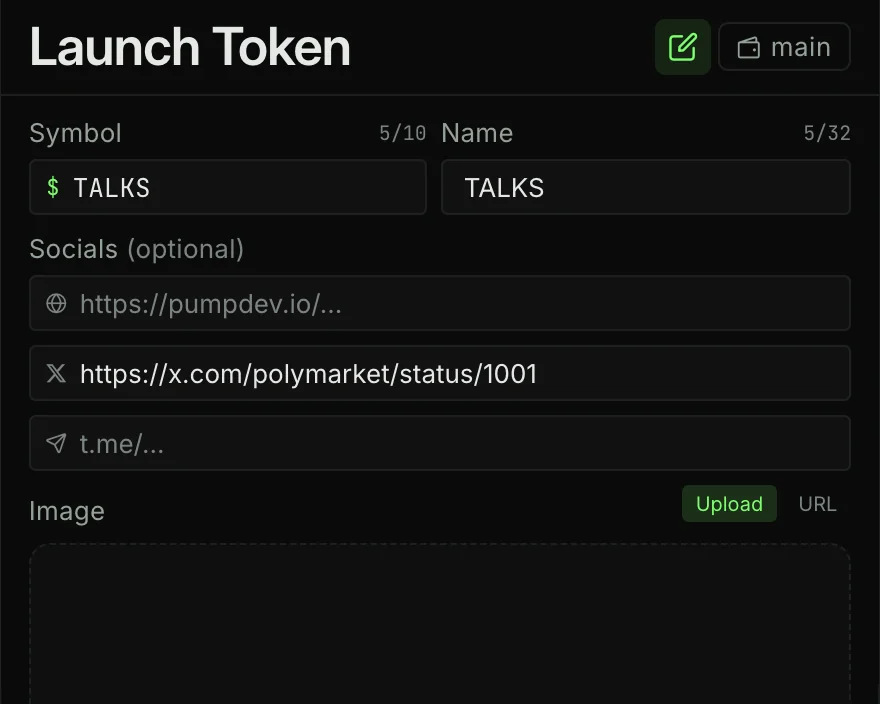Launch Token form filled from the post: ticker and name TALKS, the post link as the X social, image upload