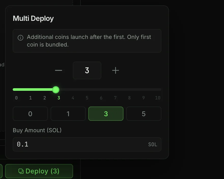 Multi Deploy popover: three extra coins with a 0.1 SOL buy each