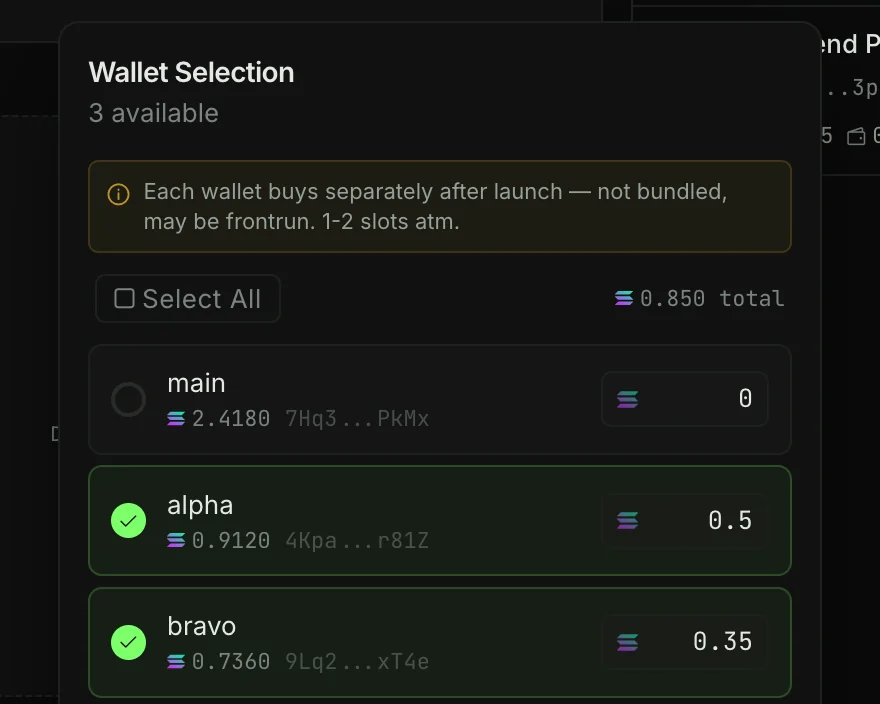 Wallet Selection popover for sniping: two wallets selected with 0.5 and 0.35 SOL