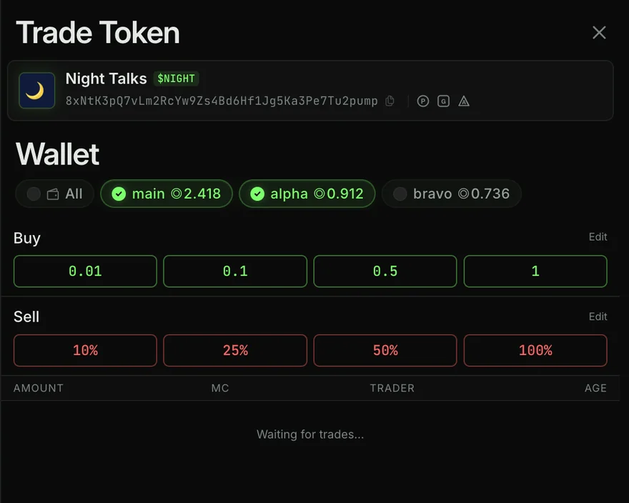 Trade Token panel for Night Talks: wallet chips, buy presets in SOL and sell presets in percent