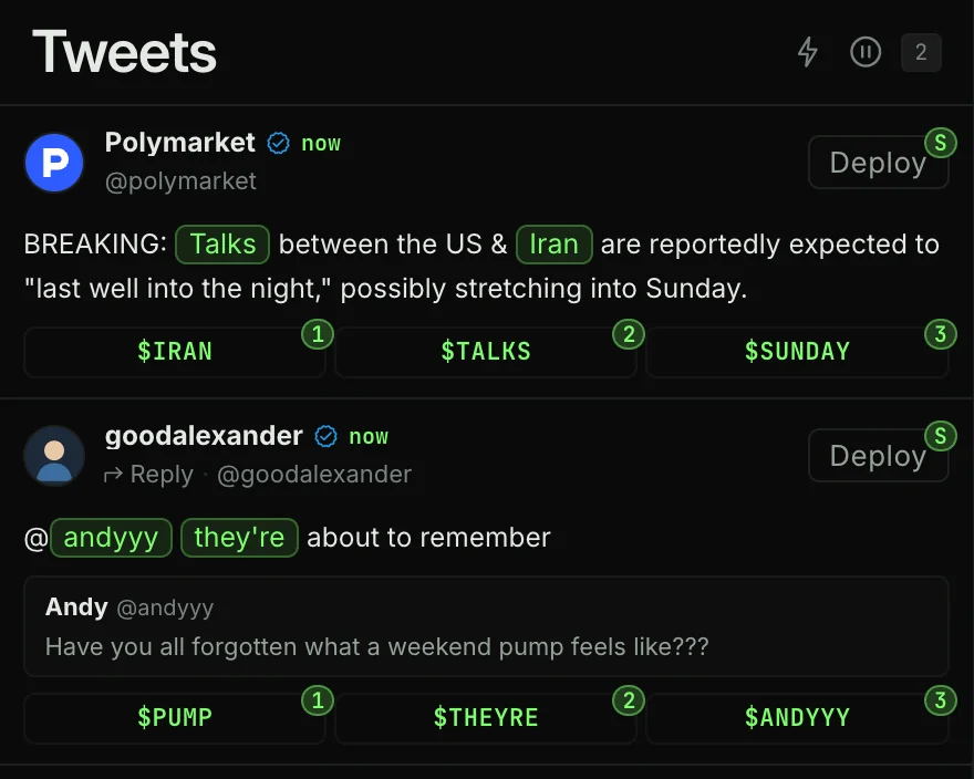A Polymarket post in the live feed with a Deploy button and three ticker ideas: $IRAN, $TALKS and $SUNDAY